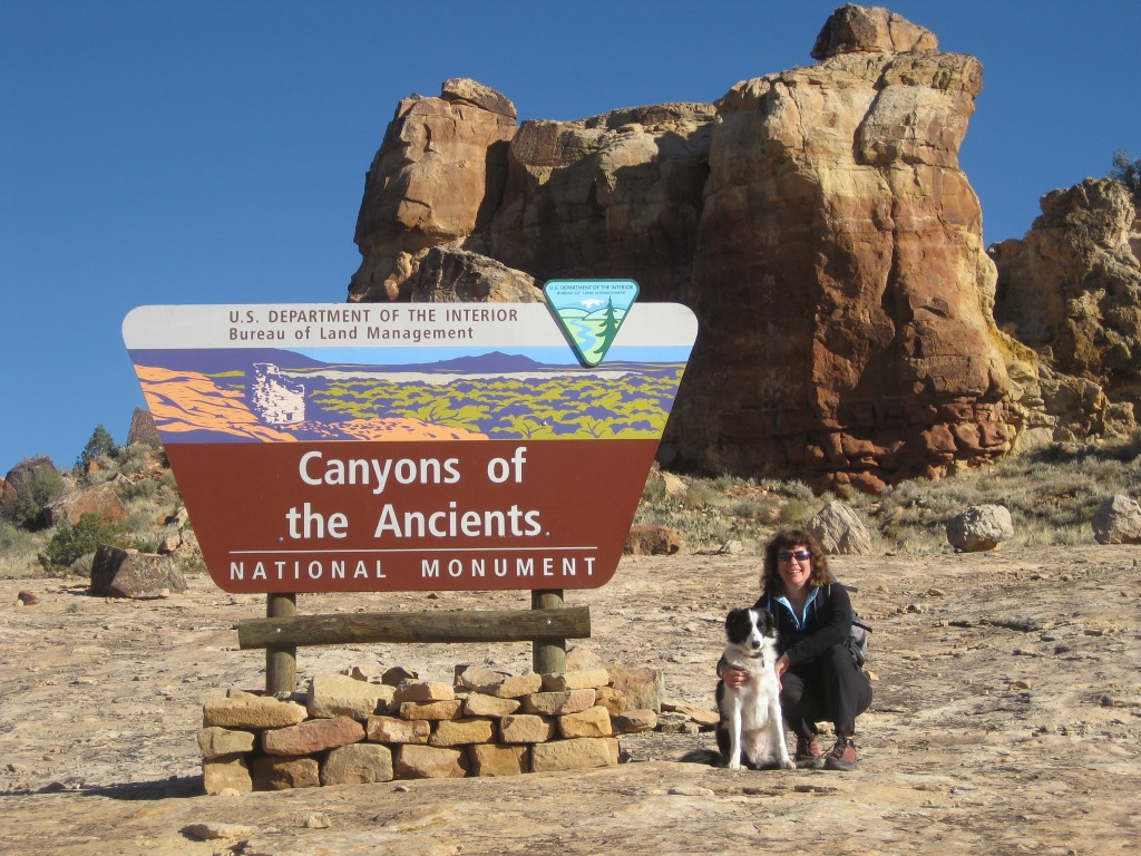 Woman in black kneeling with black and white border collie beside sign reading: Canyons of the Ancients. Sandstone cliffs in behind.