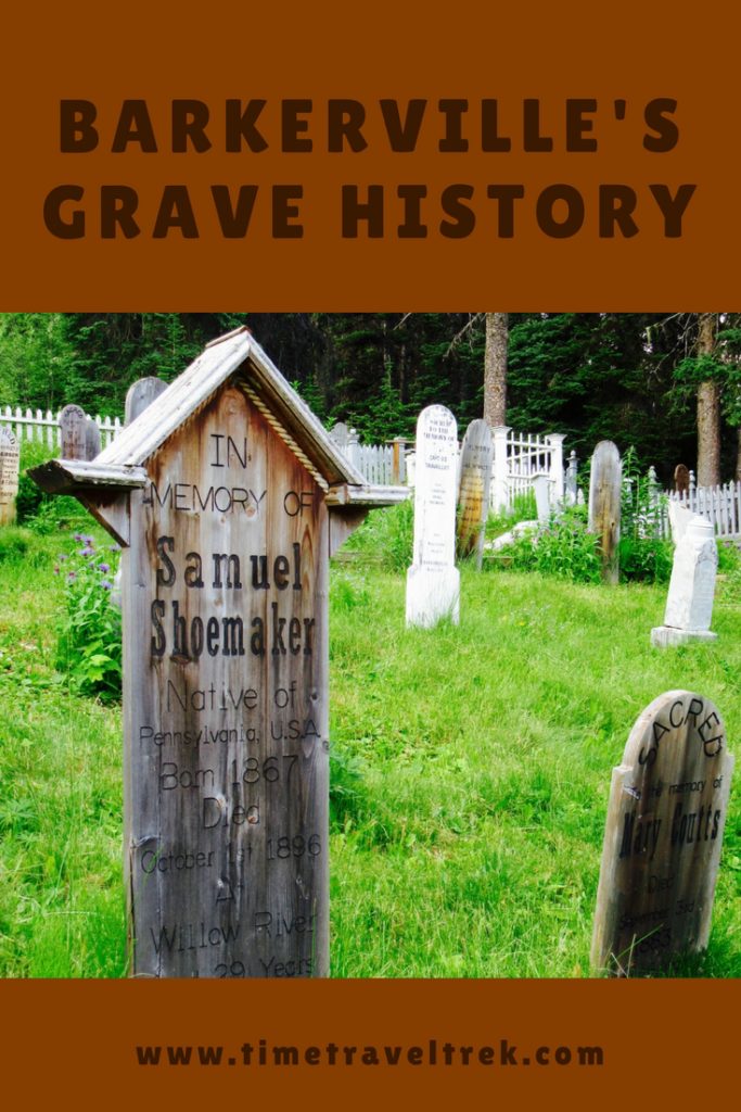 Barkerville's Grave History pin image for Time.Travel.Trek showing wooden crosses in a green graveyard.