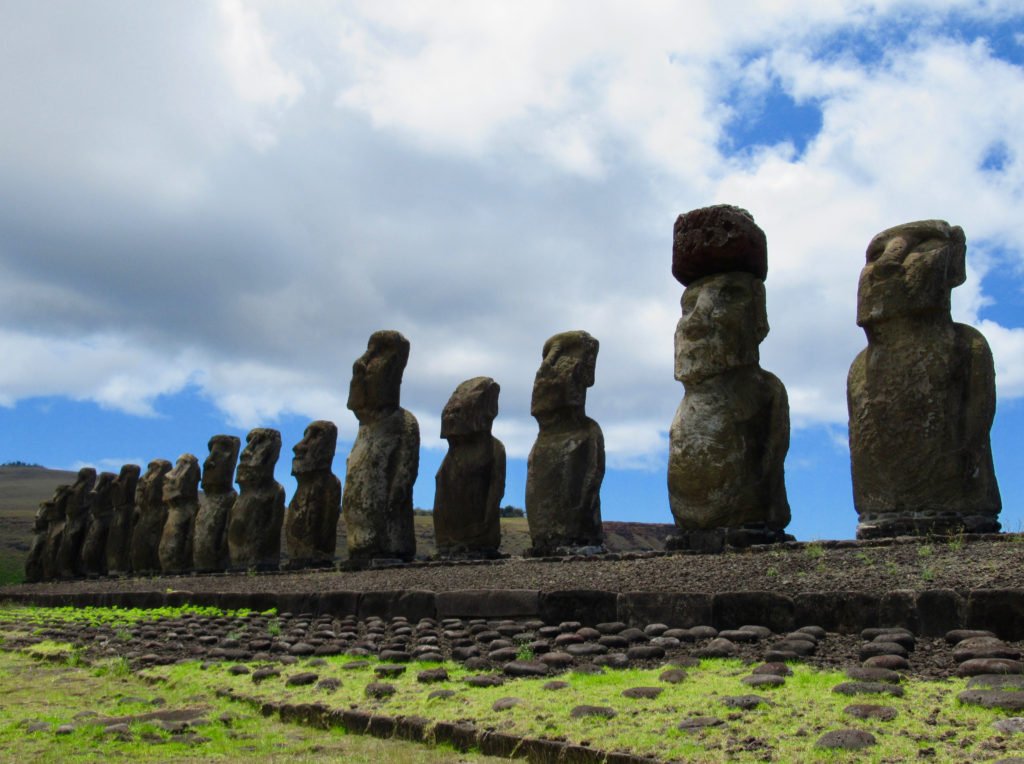 Fifteen moai on the long platform at Tongariki on Easter Island