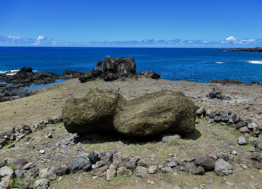 Moai at shore waiting to be taken away on Rapa Nui