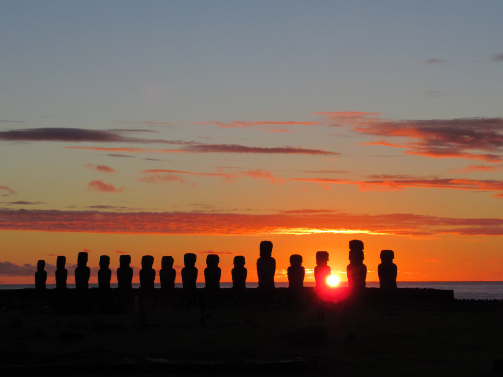Sunrise at Tongariki highlighting moai on Easter Island