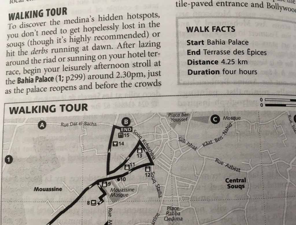 Map and text for walking tour in Marrakech, Morocco
