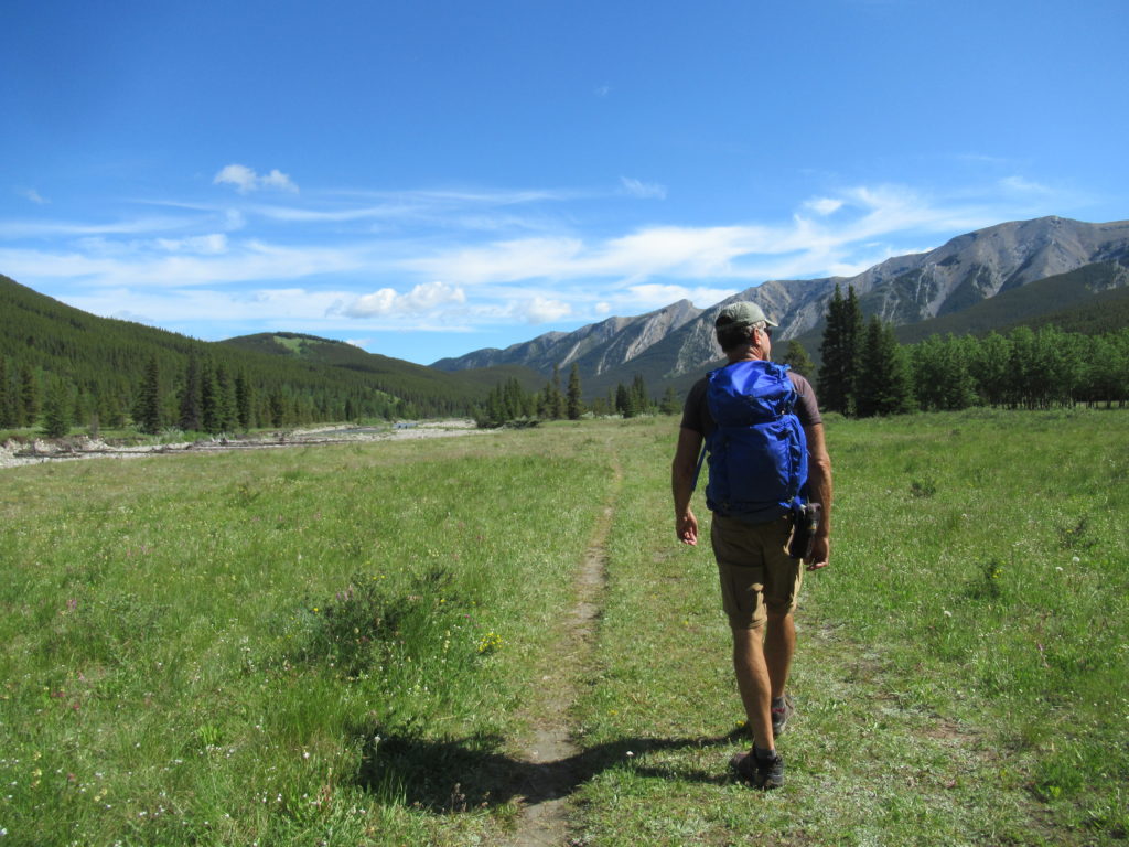 Man with blue backpack walking across open grassy meadow in mountain valley