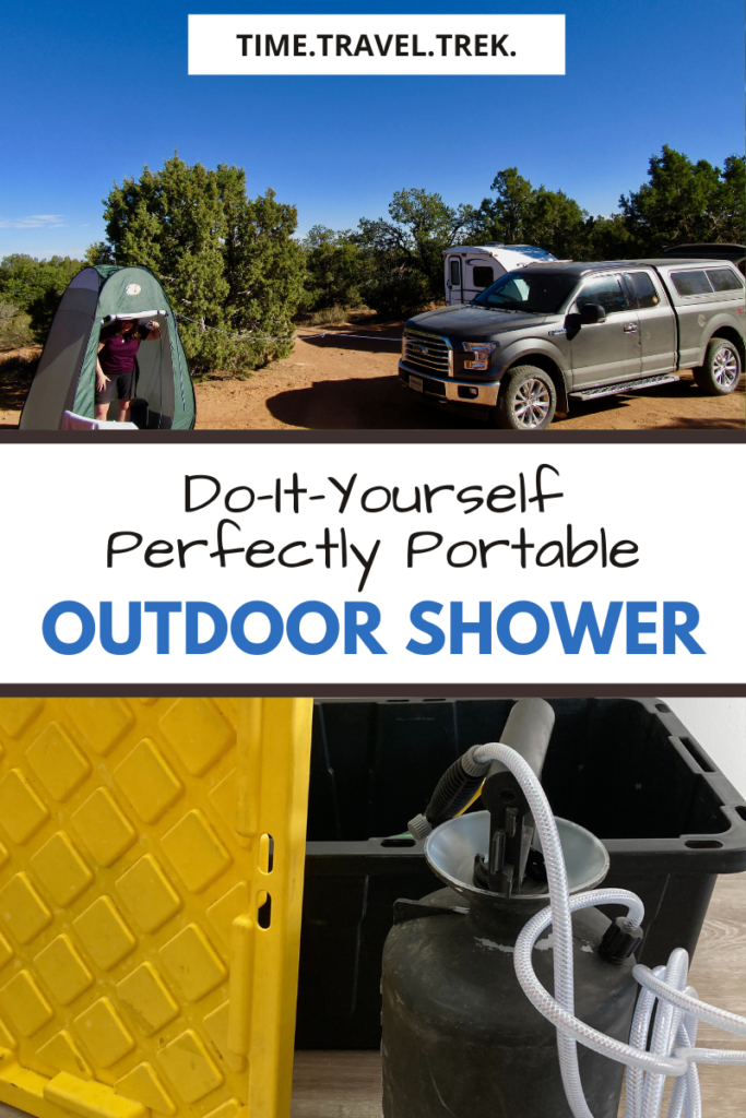 Pin image for Time.Travel.Trek. blogpost entitled: Do-It-Yourself Perfectly Portable Outdoor Shower