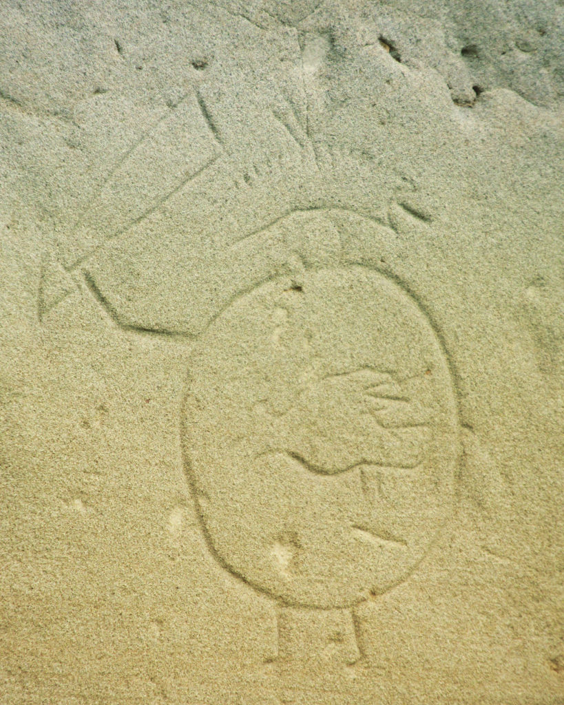 Rock carving of round figure with birdlike figure in stomach.