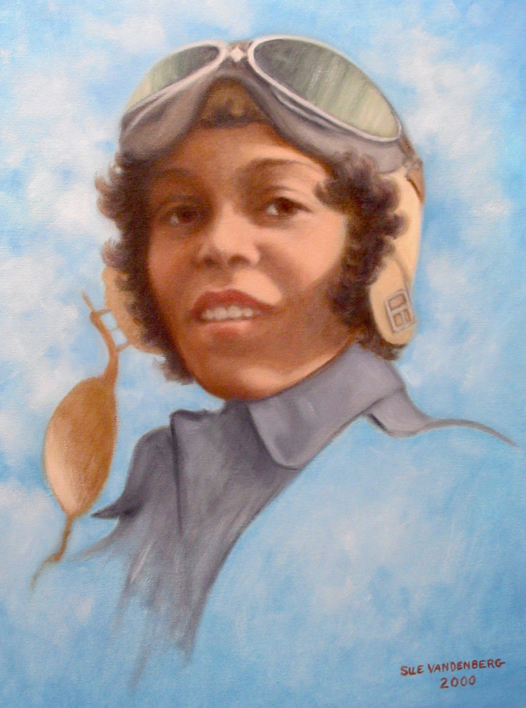 Painting of a young African American woman wearing aviator cap with goggles sitting up on forehead.