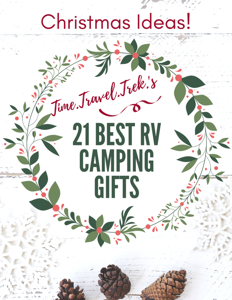 Image for Time.Travel.Trek. post re: Christmas Ideas! 21 Best RV Gifts written inside red and green wreath graphic with 3 pine cones and lace snowflakes at bottom.