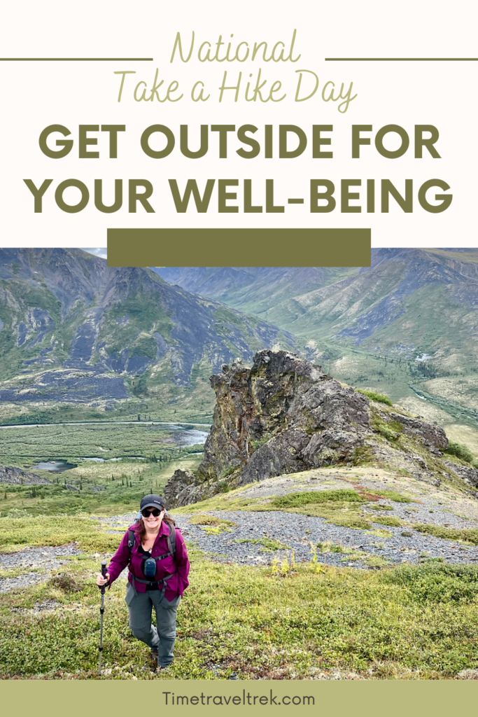 Pin Image for Time.Travel.Trek. post with text reading "National Take a Hike Day: Get Outside for your Well-Being" above image of woman in plum-coloured shirt and grey pants hiking in alpine meadow high above a road in the valley below.