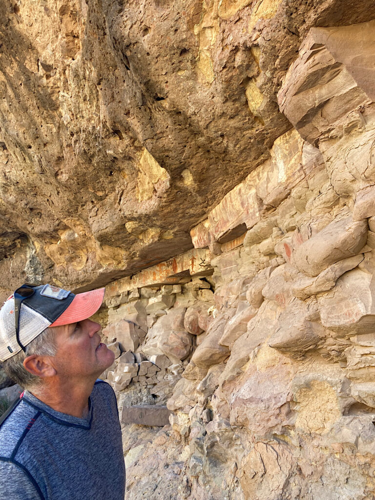 Man in grey shirt and orange and white ball cap looking at red and black rock art on tan-coloured rock wall.