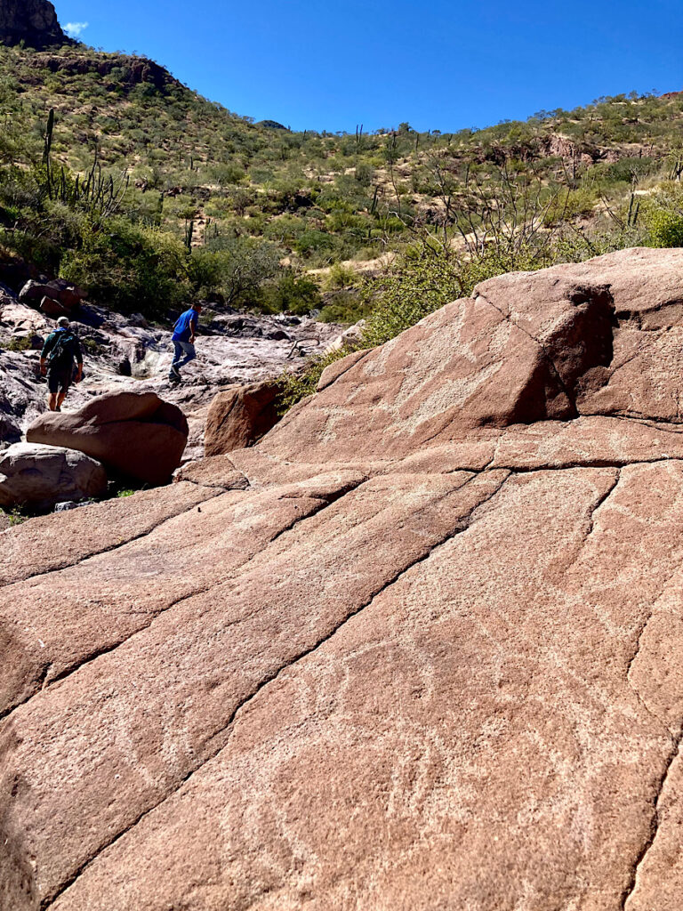 Carved petroglyphs on large brown boulder at edge of an arroyo with two men walking up dry creekbed in background.