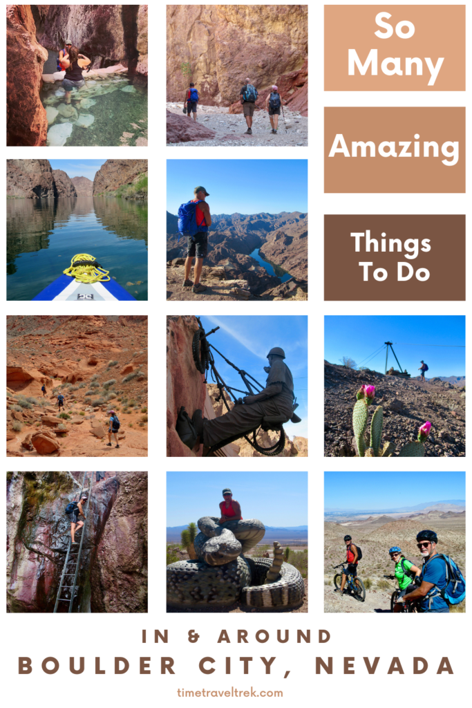 Pin image for Time.Travel.Trek. post of So Many Amazing Things to Do in Boulder City, Nevada. 10 Tile Images of outdoor activities from hiking and wading through water to biking and touring historic sites.