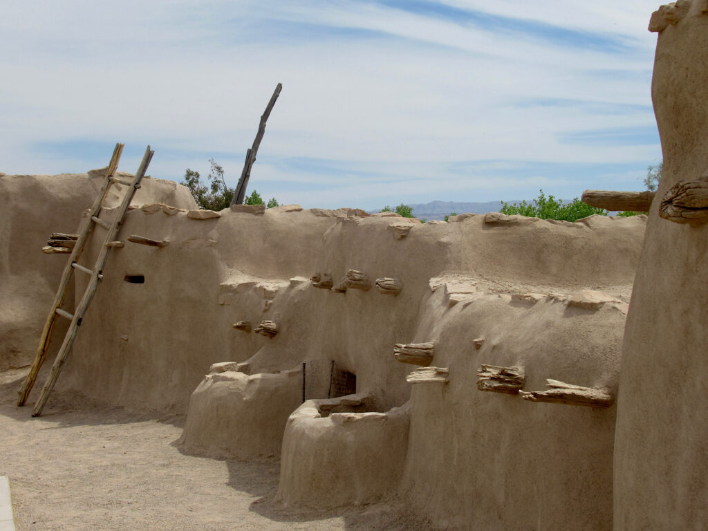 Rounded brown adobe buildings joined together with a wooden ladder leaning against on building.