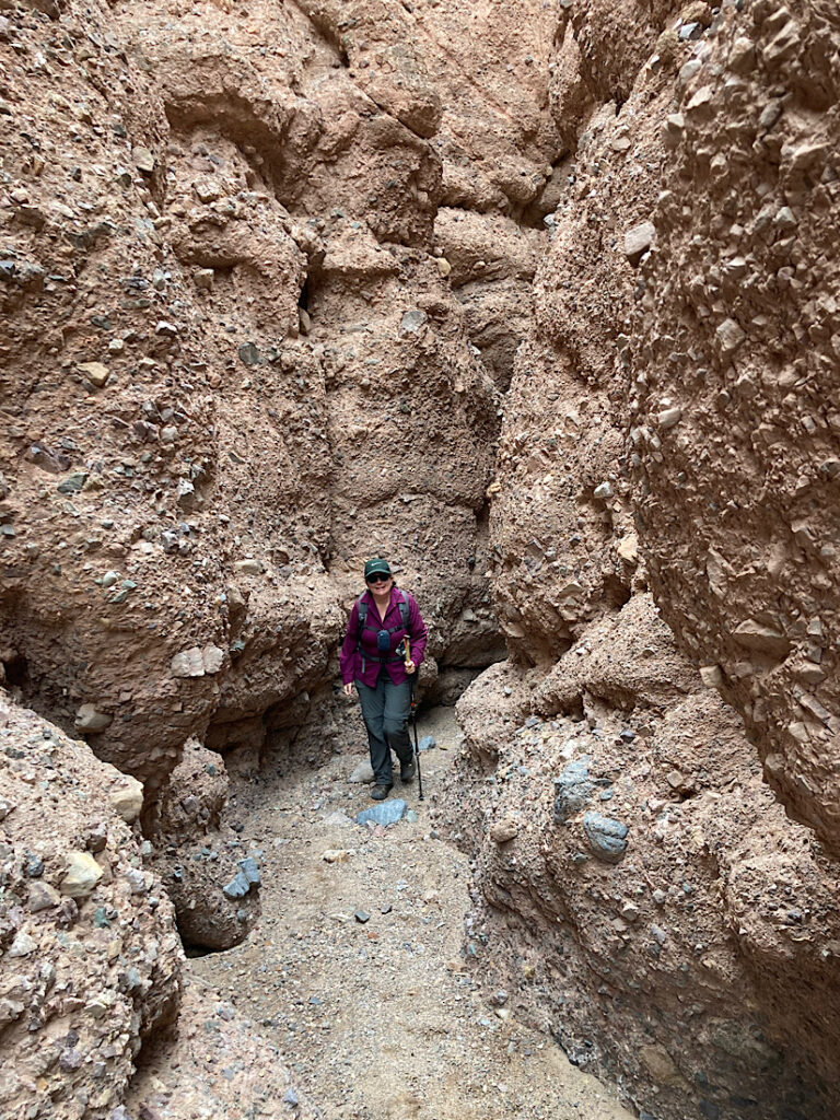 Woman hiker in grey pants and purple shirt hiking through narrow pinkish and bumpy stone canyon.