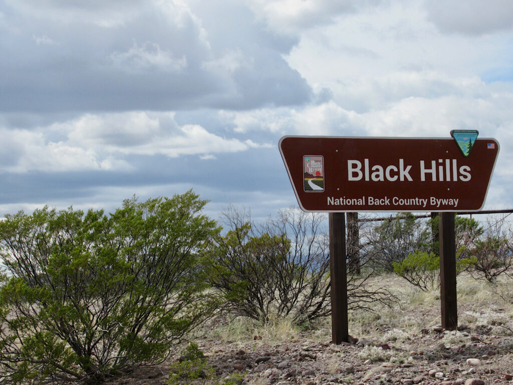 Brown entrance sign with white lettering reading: Black Hills National Scenic Back Country Byway