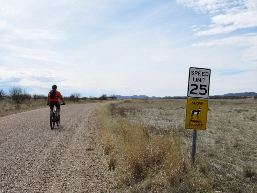 Man in red t-shirt and shorts biking down gravel road with traffic sign in foreground showing speed limit of 25 and yellow sign below with image of pronghorn and words: Slow wildlife crossing.