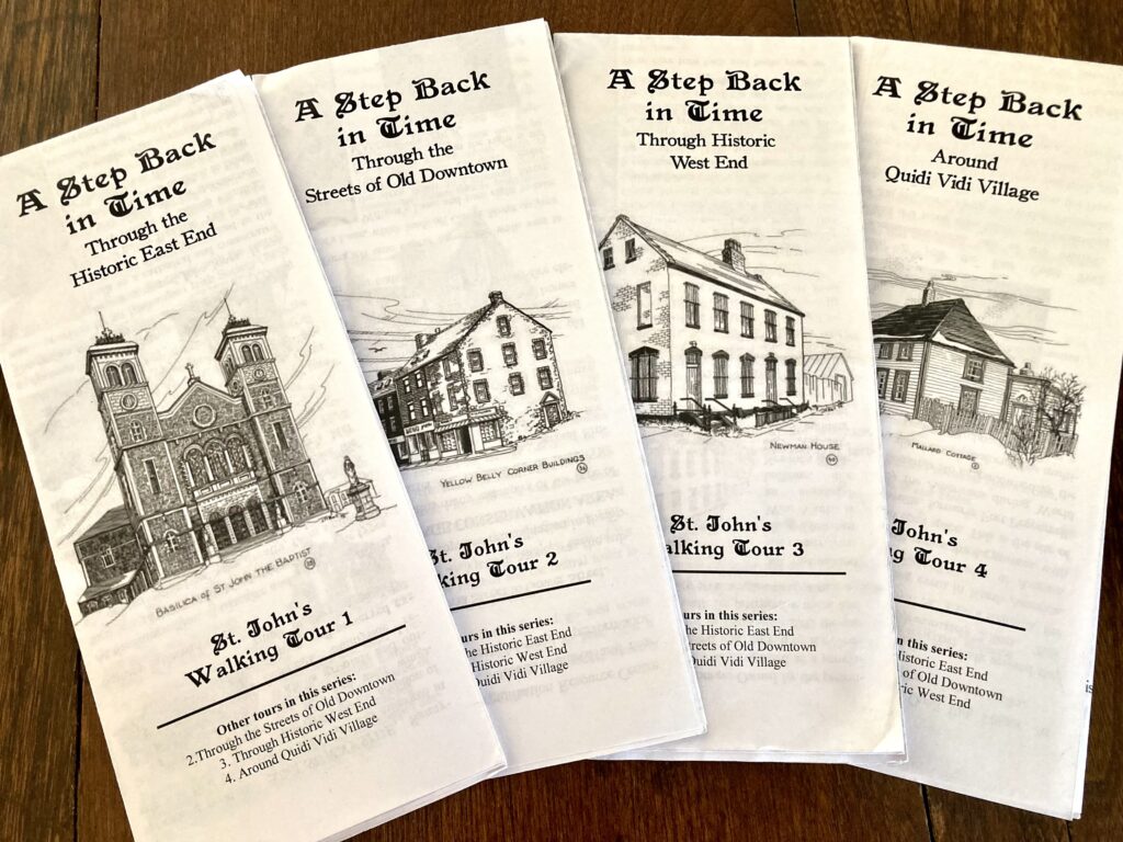 Four black-and-white pamphlets for St. John's Walk Tour 1 through 4 labelled: A Step Back in Time Through the Historic East End, Through the Streets of Old Downtown, Through Historic West End, and Around Quidi Vidi Village.