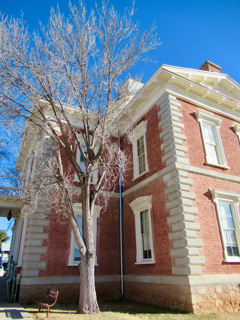 Two-storey red brick and beige sandstone building with skeleton of leafless deciduous tree in front.