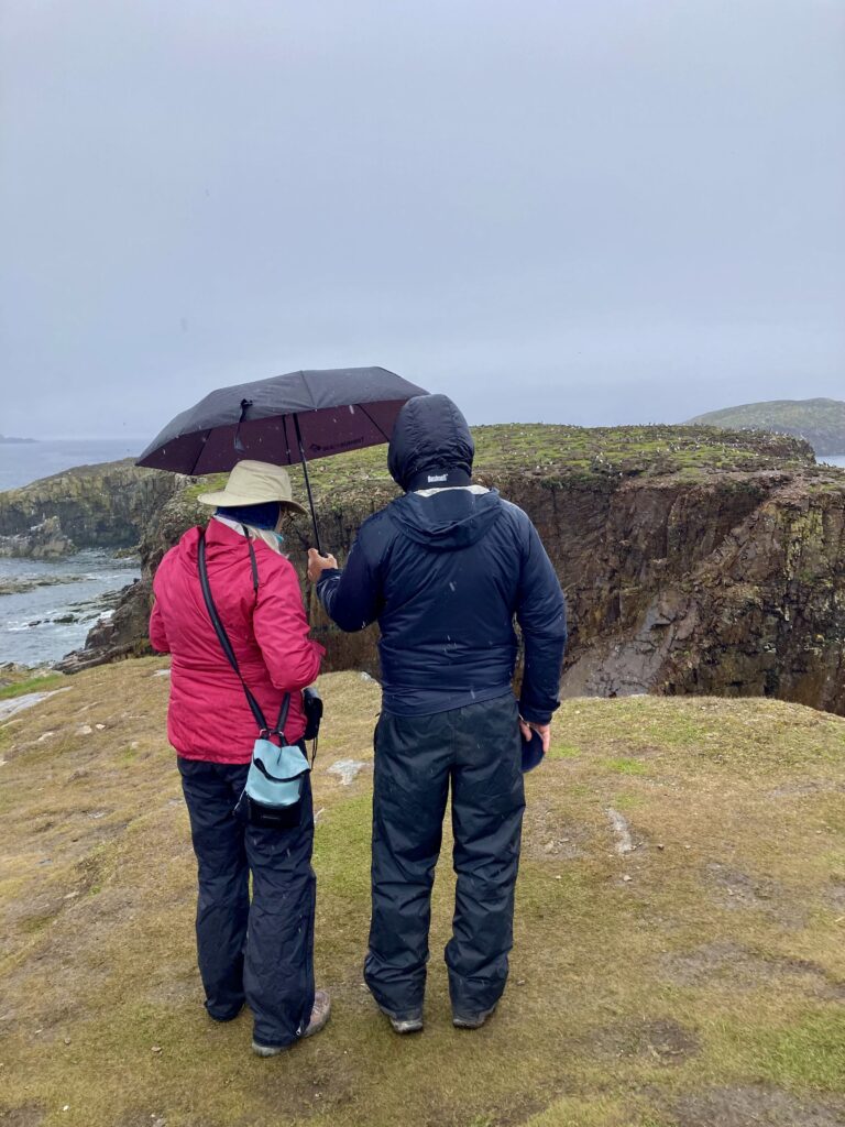 A woman in pink raincoat and black pants stands next to man in black raingear holding a black umbrella while standing on grass overlooking a rocky island.