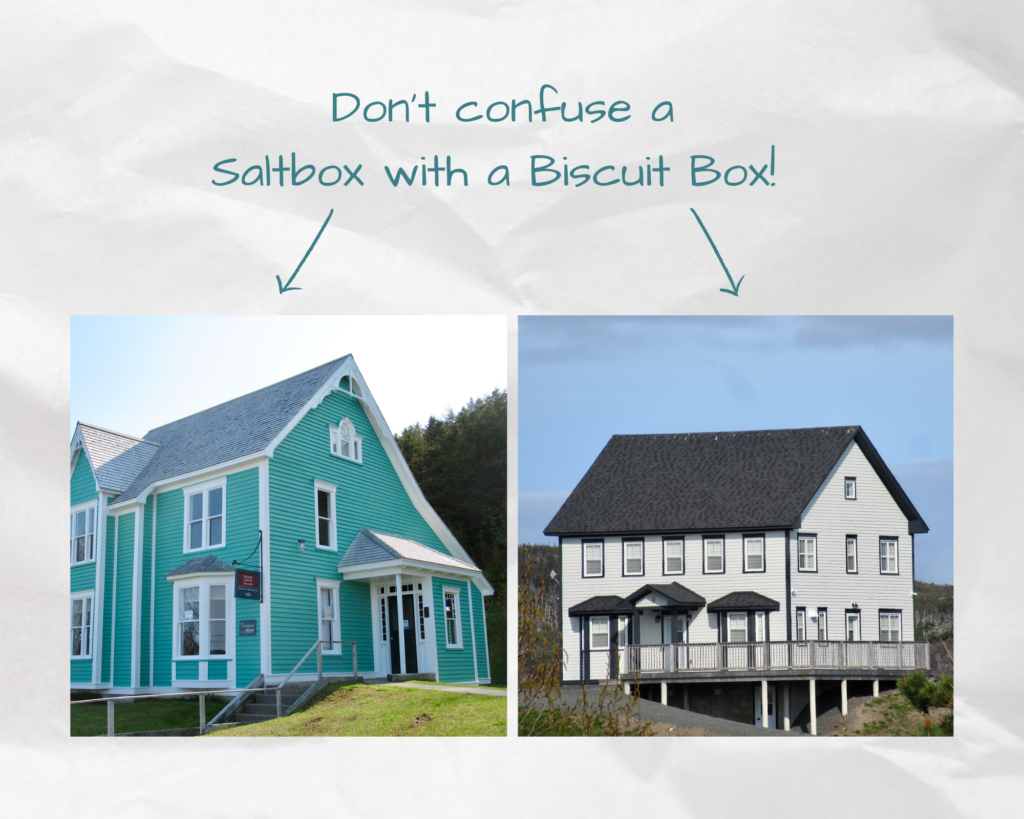 Words "Don't confuse a Saltbox with a Biscuit box" on top with two arrows pointing to teal green house on left and white house on right.