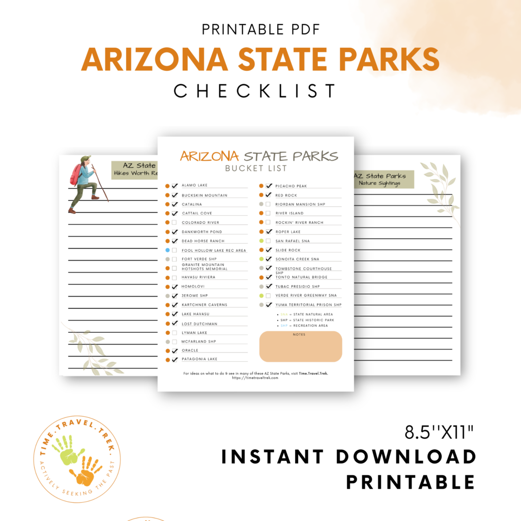 Etsy Product with 3 images of Arizona State Parks checklist, hiking and nature sighting notes pages plus Words: Printable PDF Arizona State Parks Checklist at top and TimeTravelTrek logo and words: 8 1/2 x 11, Instant download, Printable at bottom