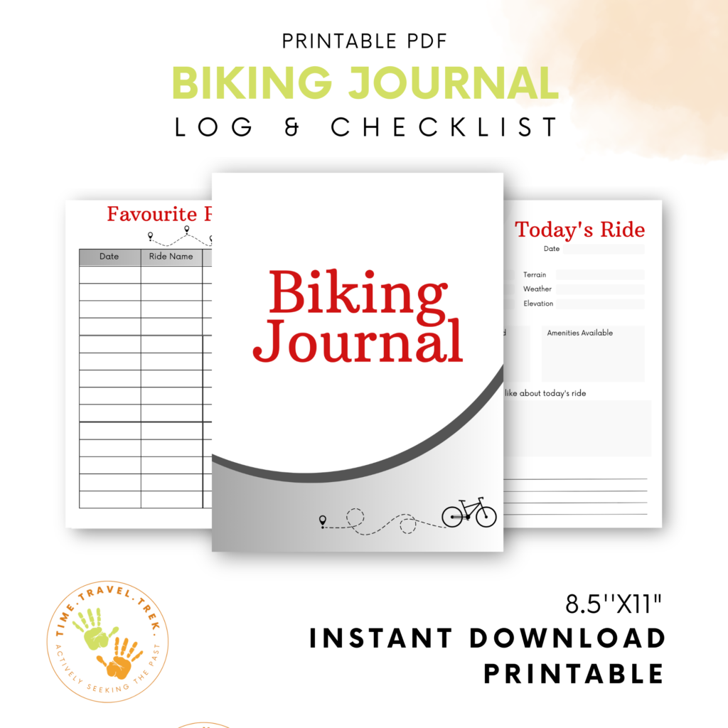 Etsy Product with 3 images of Biking Journal cover, fave rides and today's ride pages plus Words: Printable PDF Biking Journal Log & Checklist at top and TimeTravelTrek logo and words: 8 1/2 x 11, Instant download, Printable at bottom