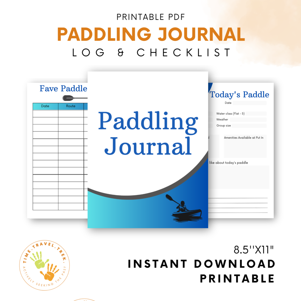Etsy Product with 3 images of Paddling Journal cover, fave paddles and today's paddle pages plus Words: Printable PDF Paddling Journal Log & Checklist at top and TimeTravelTrek logo and words: 8 1/2 x 11, Instant download, Printable at bottom