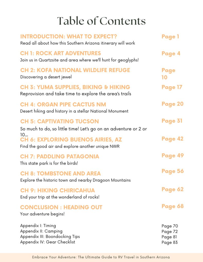 Table of Contents for "Embrace the Adventure: The Ultimate Guide to RV Travel in Southern Arizona"