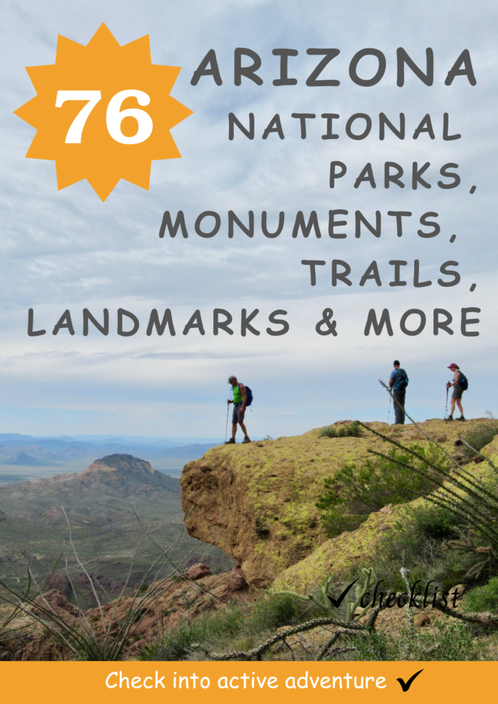 Image of 3 hikers on a lichen-covered cliff with text reading: 76 Arizona National Parks, Monuments, Trails, Landmarks & More. Check into active adventure written across bottom on an orange bar.