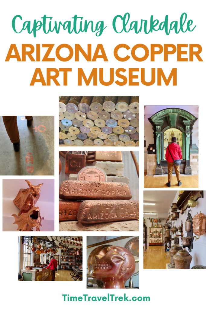 Pin image for Timetraveltrek post reading Captivating Clarkdale: Arizona Copper Art Museum with images of copper art.