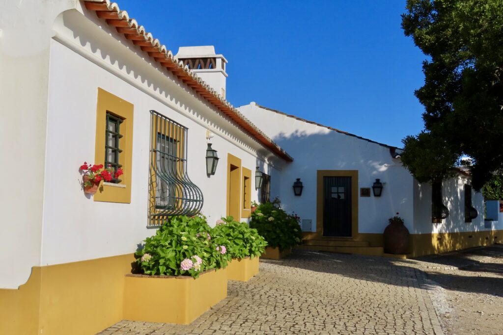 Whitewashed buildings with gold painted trim under blue sky.