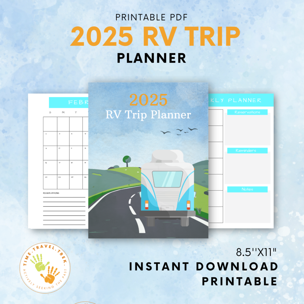 Image of a cover page reading 2025 RV Trip Planner with RV on road plus 2 pages of calendar and daily planner. Words "Printable PDF 2025 RV Trip Planner" at top and "8.5x11" instant download printable" at bottom.