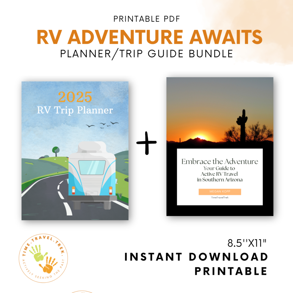 TimeTravelTrek Etsy bundle of a RV trip planner and Southern  Arizona RV travel ebook guide with images of graphic including trailer going down highway and a sunset with cactus. 