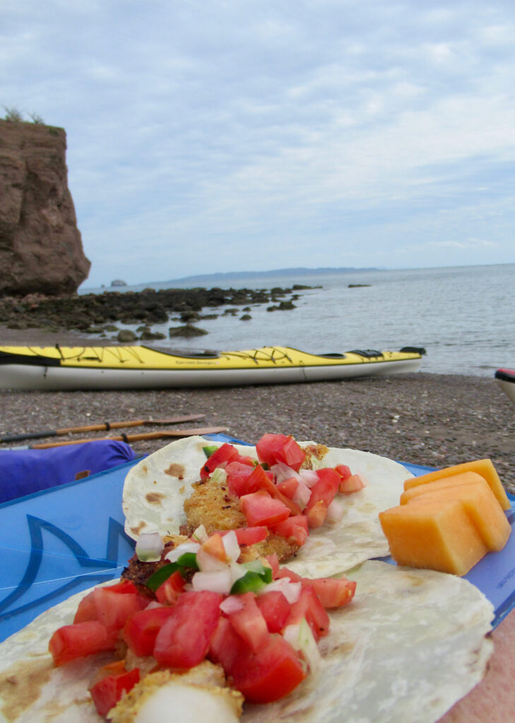 Blue plastic plate holding fresh fish tacos with tomato salsa fresca in front of beach scene and yellow kayak.