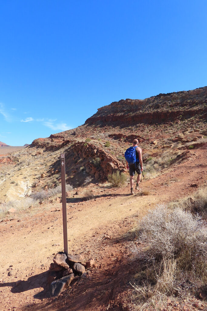 Man wearing blue backpack and short hiking up reddish brown dirt road under blue sky.