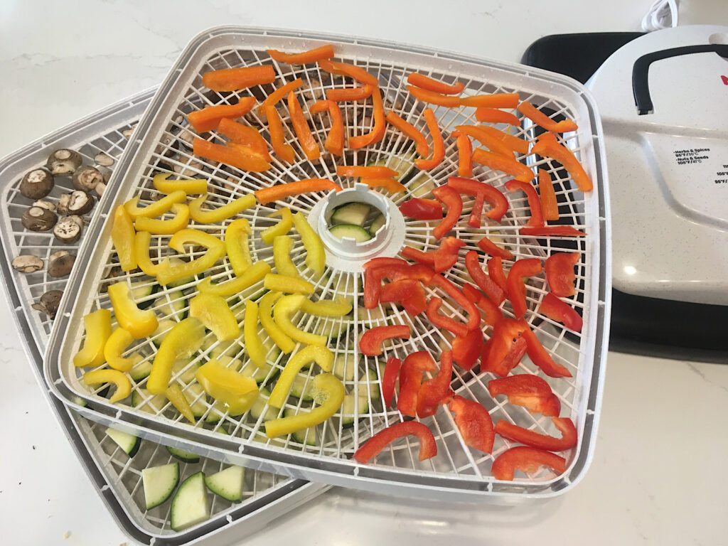 Red and yellow peppers, green zuchinni and brown mushroom spread out on plastic tray.