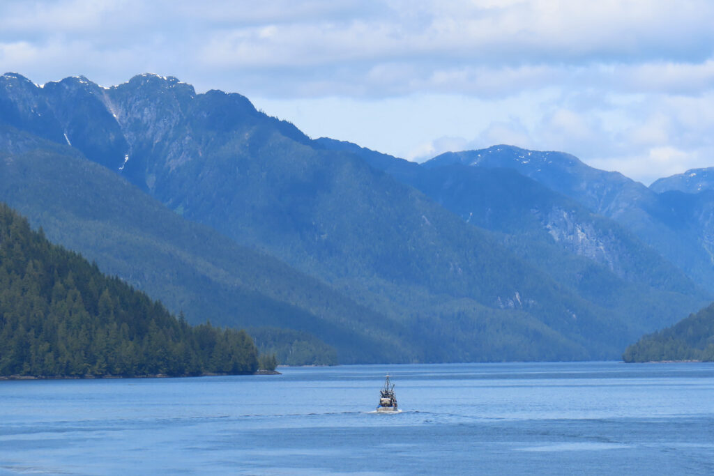 Small fishing boat in narrow ocean passage lined with tall mountains.