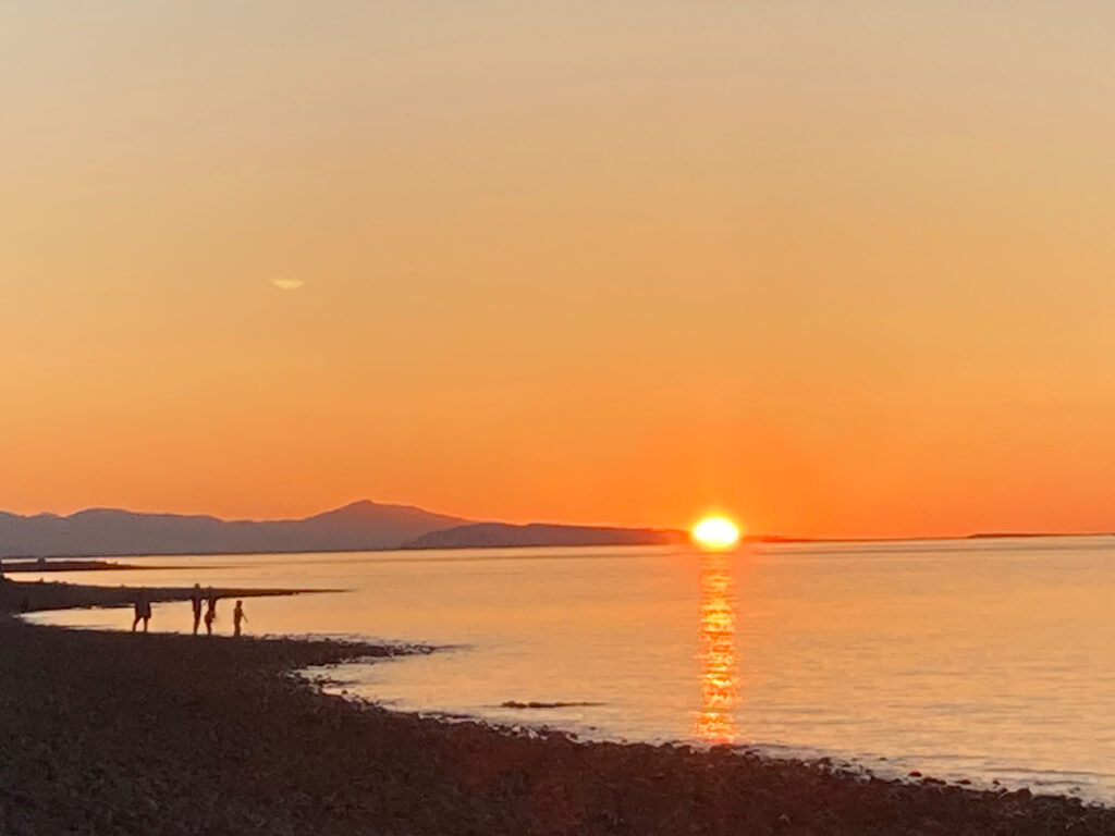 Family silhouetted on beach at sunset.