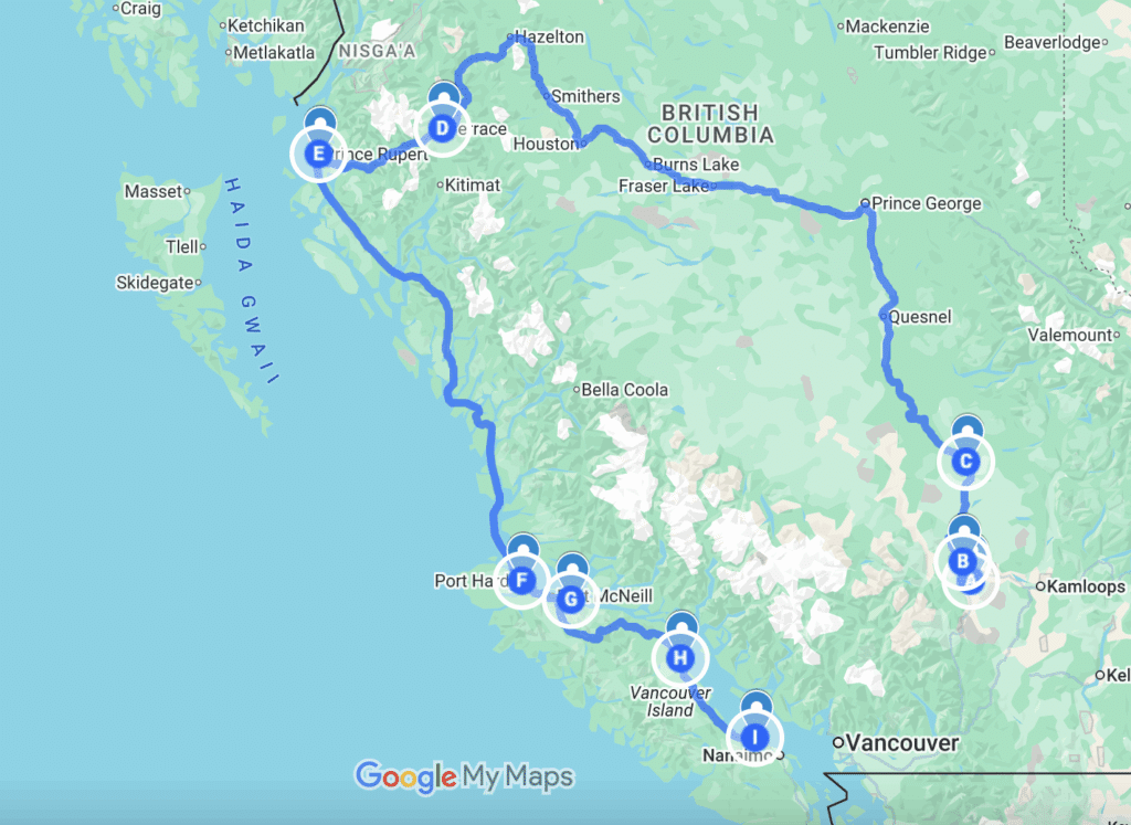 Map showing a blue-line travel route through British Columbia.