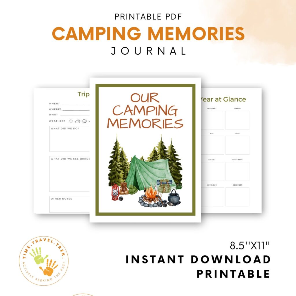 Printable Camping Memories Journal advertisement with images of cover, calendar and journal page.