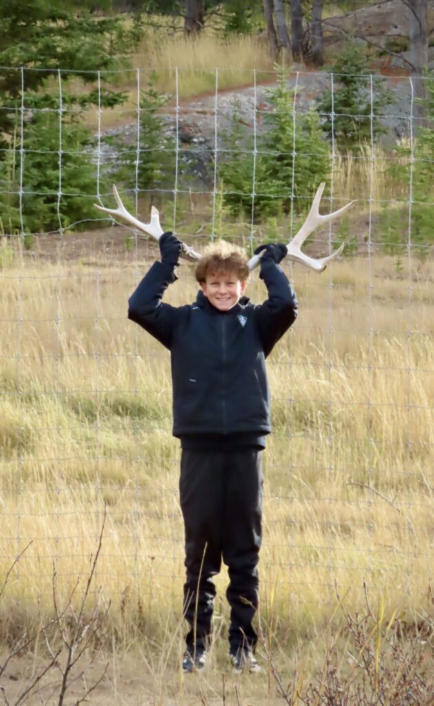 Boy dressed in black pants and coat holding antlers by his head.