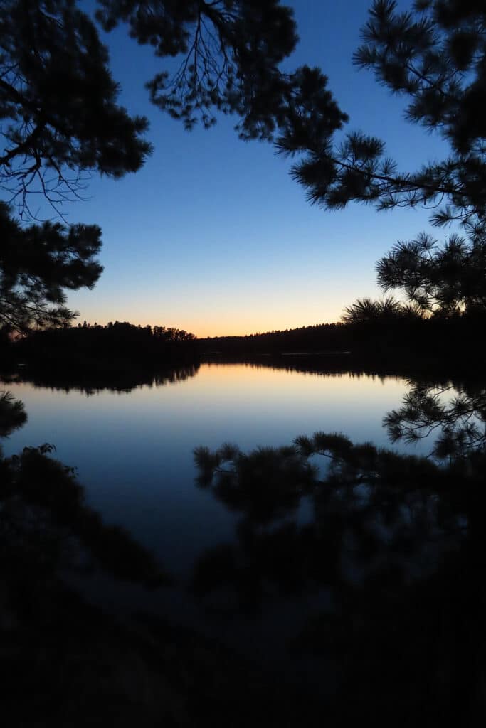Twilight with silhouetted trees over water.