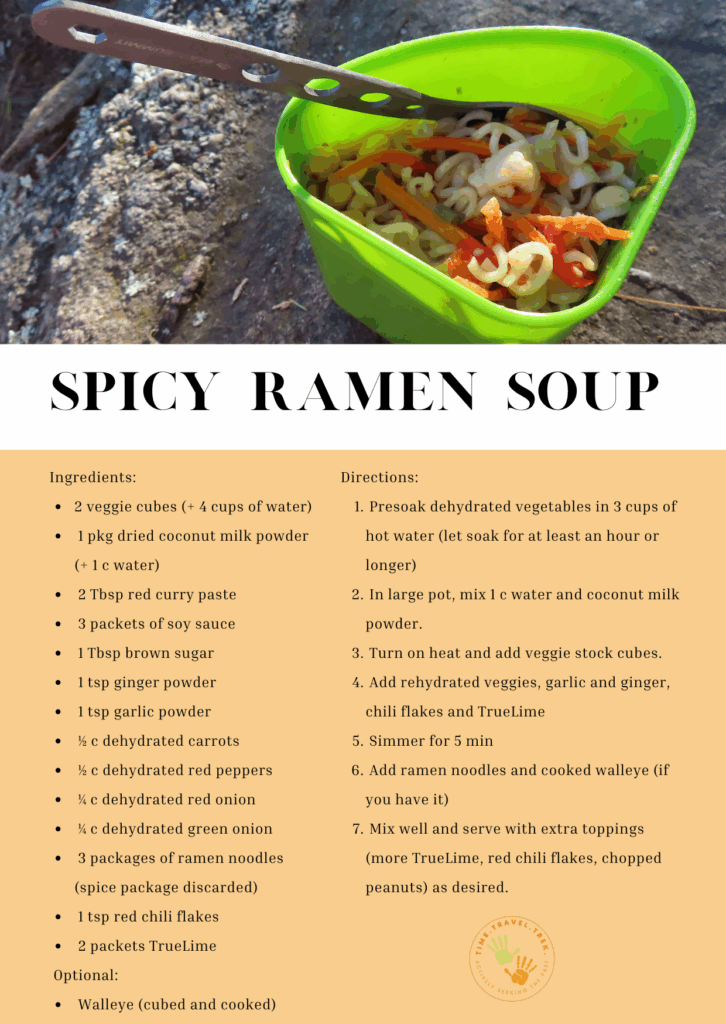 Image of green bowl with Spicy Ramen Soup written below and list of ingredients and directions to make.