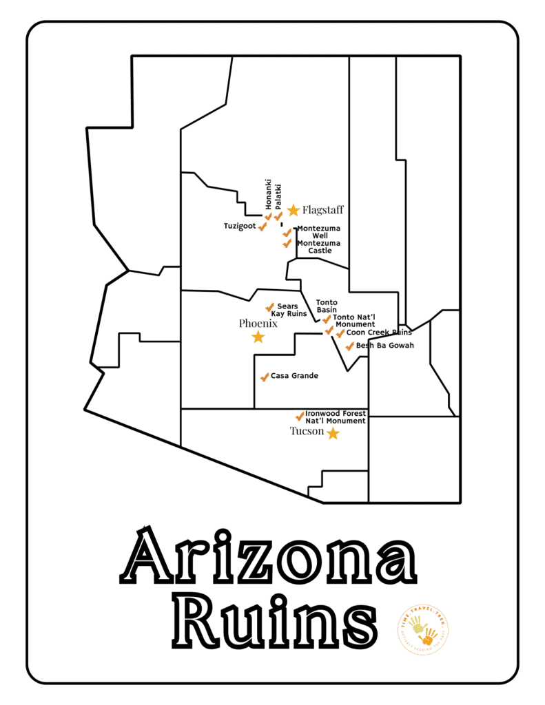 Outline map labelled Arizona Ruins with Flagstaff, Phoenix and Tucson marked by stars surrounded by 12 checkmarks for ruin sites.