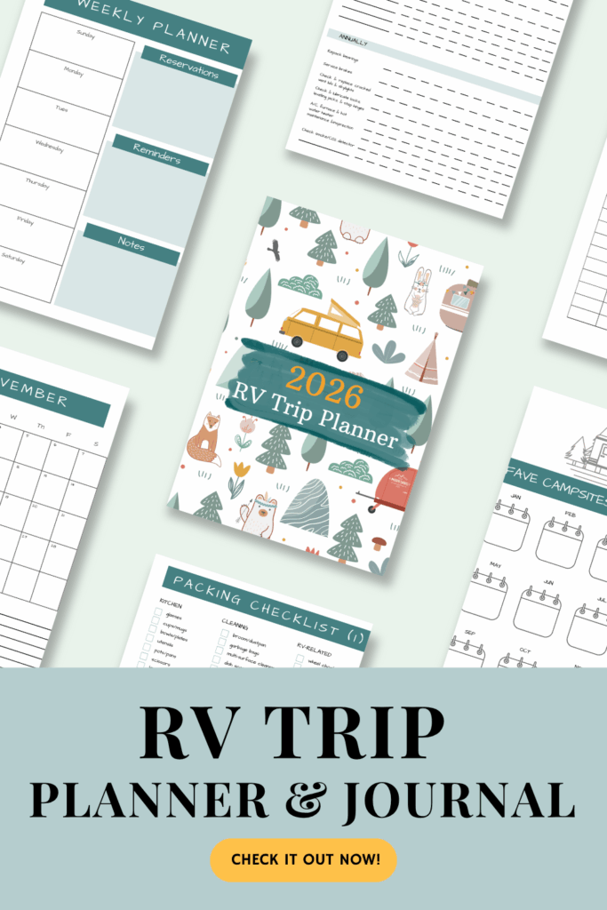 Images of planner calendar pages with text reading: 2026 RV Trip Planner & Journal. Check it out now!