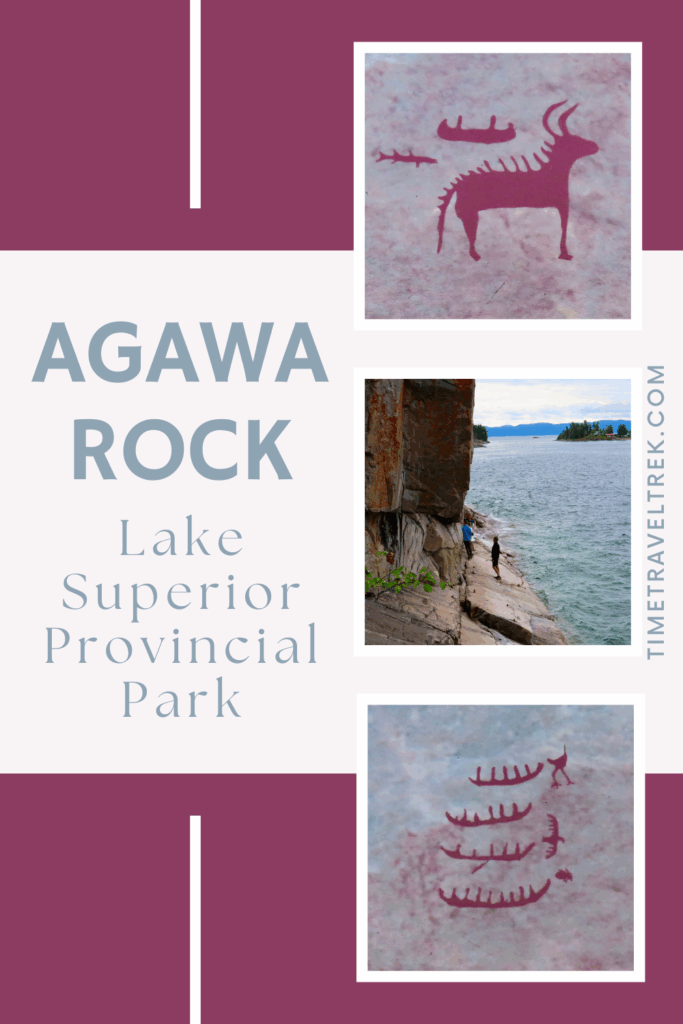 Collage showing scenes of lake in between two images of rock art on right with light purply red background and text on right reading: Agawa Rock. Lake Superior Provincial Park.