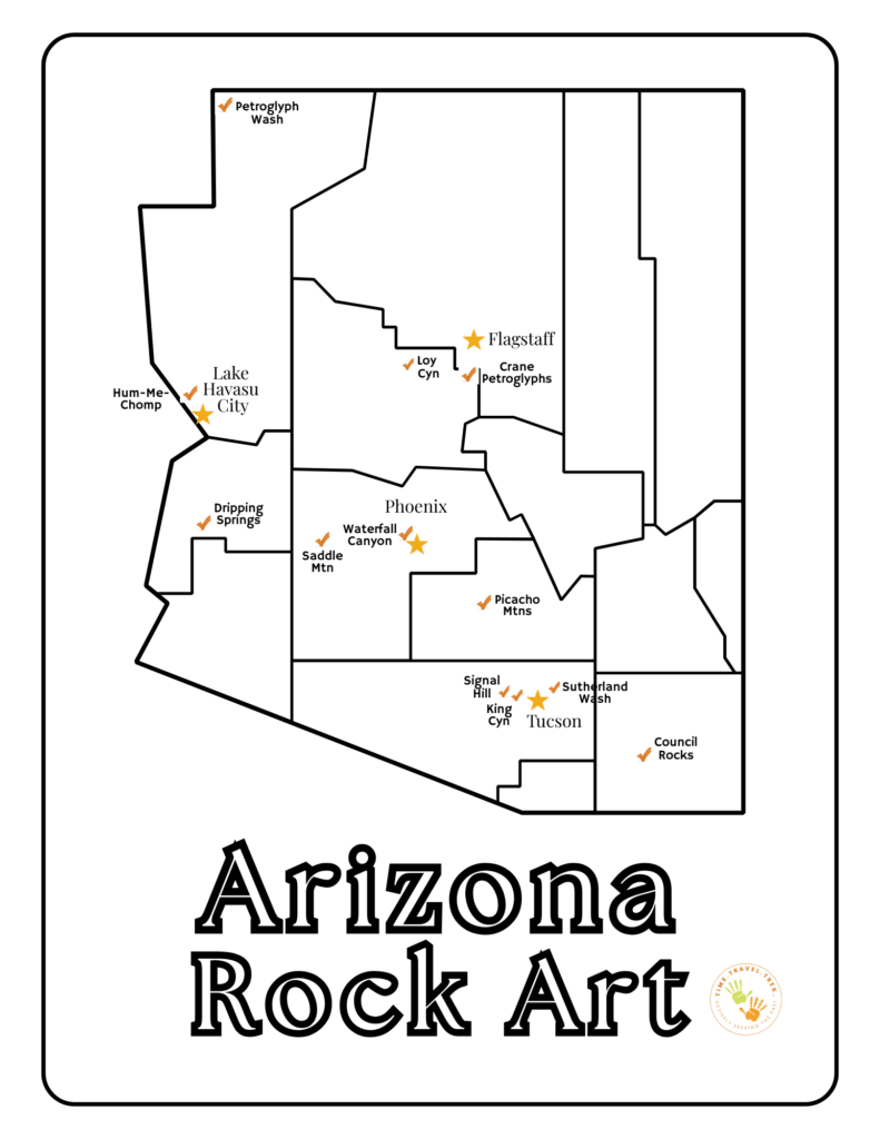 Outline map of Arizona with location major cities and rock art found in this post by TimeTravelTrek.