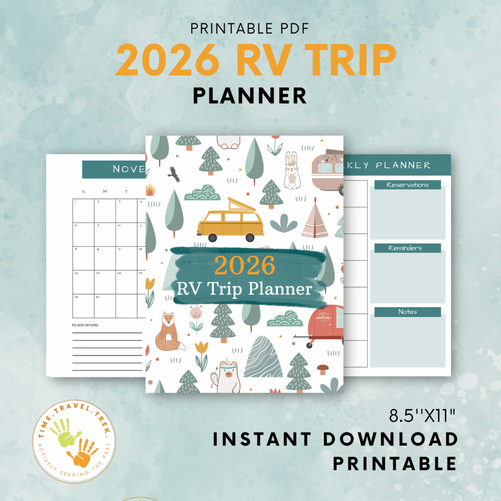 Calendar page images on green background with text reading: 2026 RV Trip Planner. Instant download. Printable.