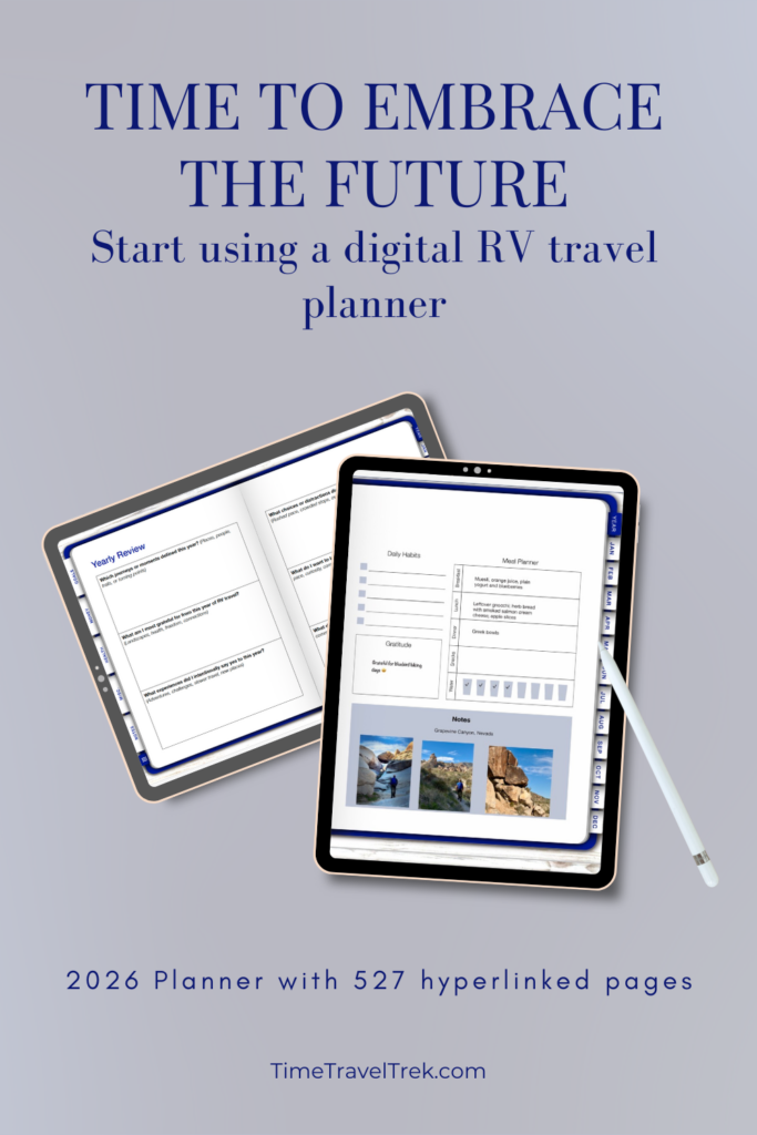 Pin image for TimeTravelTrek.com post with words: Time to Embrace the Future, start using a digital RV travel planner. Image of tablets with planner in use.