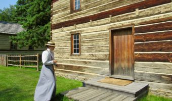 Guide in period costume at Dunvegan Historic site, Alberta