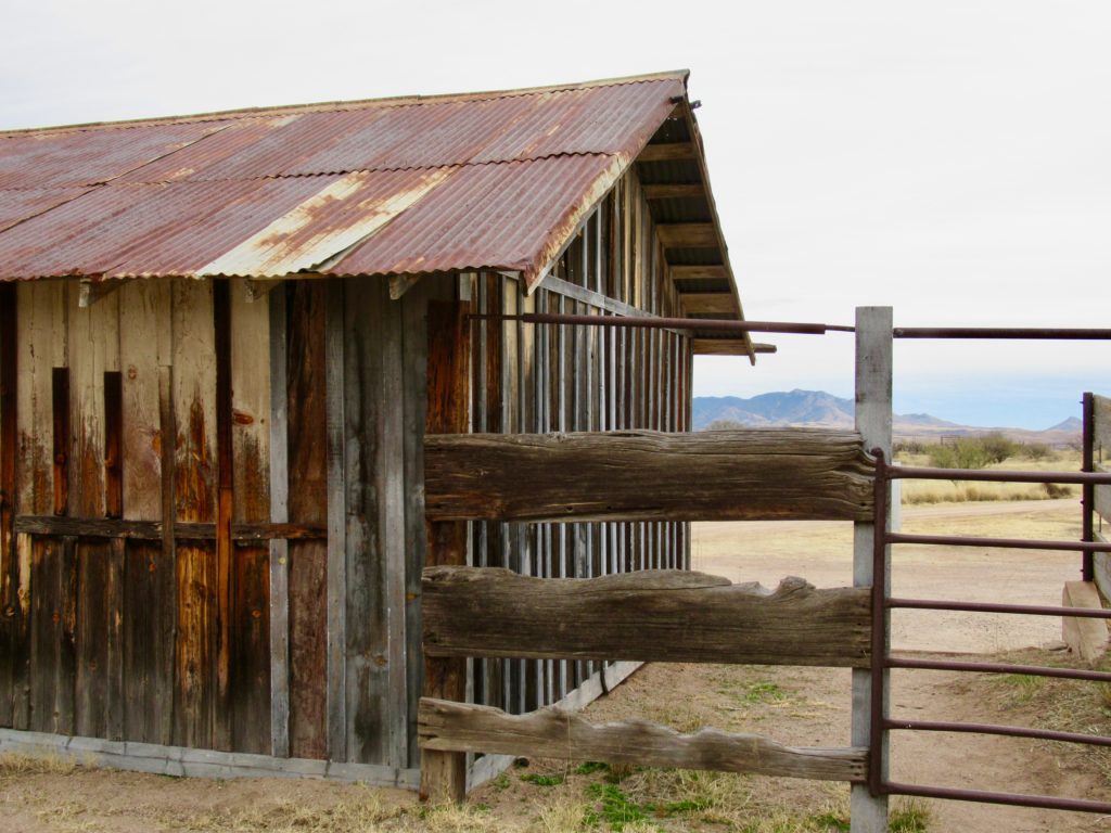 Old barnyard building with weathered wood, a rusting metal roof and a metal gate.